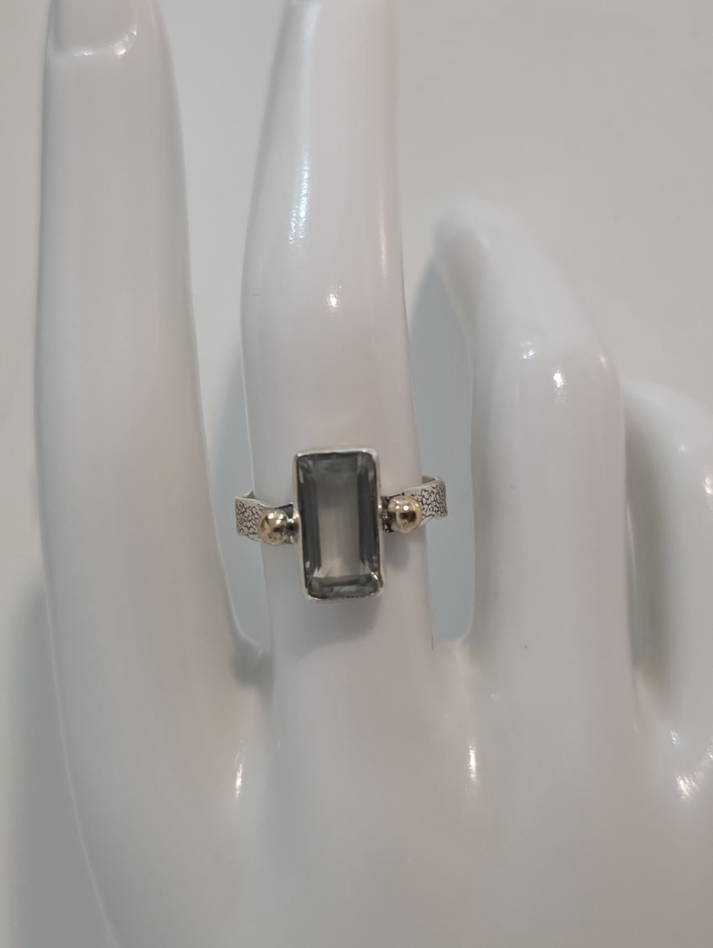 Sterling Silver 925 Ring with Rectangular Gray Gem and Gold Accent